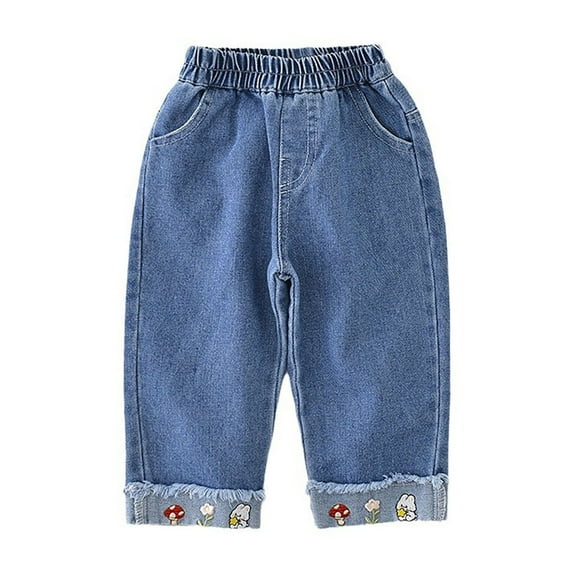 TOOYOU Girls Jeans Demin Pants New Fall Pants Little Straight Wash Jeans Children Embroidered Pants Basic Trousers For Sweet Girls Size 18-24 Months Blue