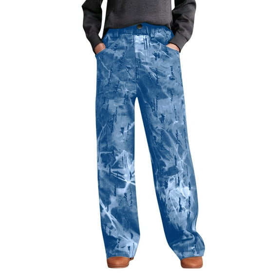 TOOYOU Girls Jeans Demin Pants Tie Dye Ripped Jeans Big Kids Classics Wide-Leg Pants Comfortable And Fashionable Trousers For Sweet Girls Size 8-9 Years Blue