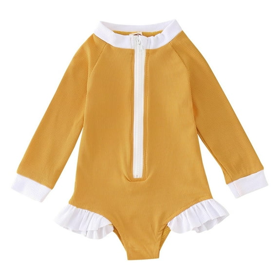 TOOYOU Girls One-Piece Swimsuit Summer Toddler Long Sleeve Solid Color Ruffles Beach Onesie Swimsuit Bikini Sweet Girl Matching Swimsuit Size 2-3 Years Yellow
