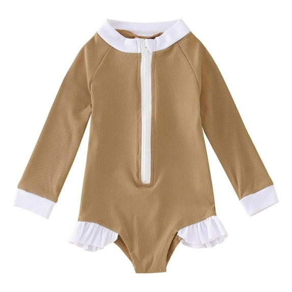 TOOYOU Girls One-Piece Swimsuit Summer Toddler Long Sleeve Solid Color Ruffles Beach Onesie Swimsuit Bikini Sweet Girl Swimsuits For Size 18-24 Months Brown