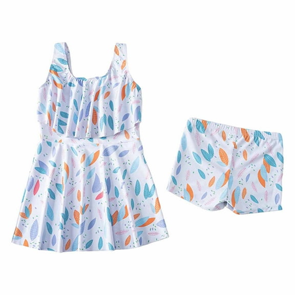 TOOYOU Girls One-Piece Swimsuits Sleeveless Casual Tutu Dress White Floral Pattern Casual Beach Suit Swim Suits For Girls Swimming Activities Size 5-6 Years