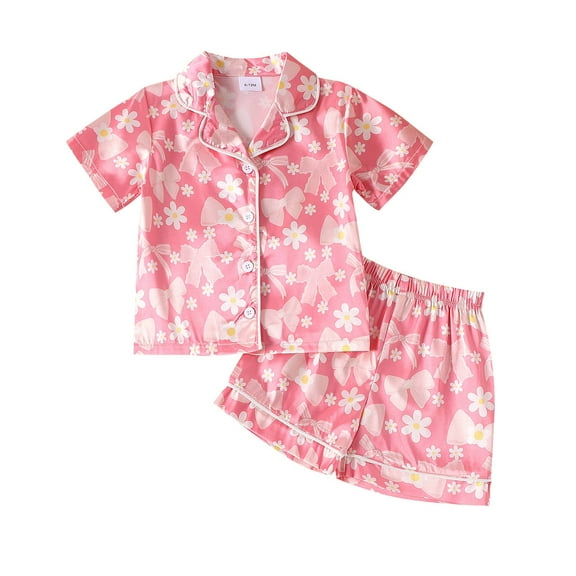 TOOYOU Girls Outfit Multitrust Baby Silk Pajamas Set Dasy Floral Short Sleeve Button Down Shirts And Shorts Matching Pj Louge Set Girls Lightweight Sets Size 18-24 Months , Pink