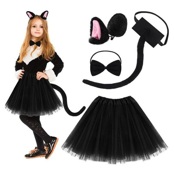 TOOYOU Girls Outfits Cute Cat Ear Headband With Bowknot And Dress Adorable Cat Themed Hair Accessories Set For Kids Comfortable Clothing Set For Children Black