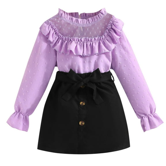 TOOYOU Girls Outfits Kids Skirt Outfits Long Sleeve Chiffon Frill Neck Cute Top Tee And Skirt Clothes Girls Leisure Sets Size 11-12 Years ,