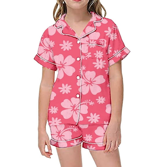 TOOYOU Girls Outfits Pajamas For Kids Children Graphic Print Short Sleeve Button Shirt Shorts Pajama Set Girls Playtime Sets Size 2-3 Years , Pink