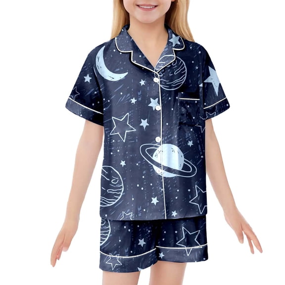 TOOYOU Girls Outfits Pajamas For Kids Children Graphic Print Short Sleeve Button Shirt Shorts Pajama Set Girls Leisure Sets Size 8-9 Years , Dark Blue