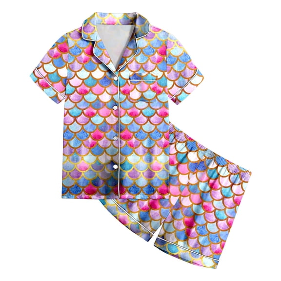 TOOYOU Girls Outfits Pajamas For Kids Children Graphic Print Short Sleeve Button Shirt Shorts Pajama Set Girls Matching Sets Size 6-7 Years , Multicolour