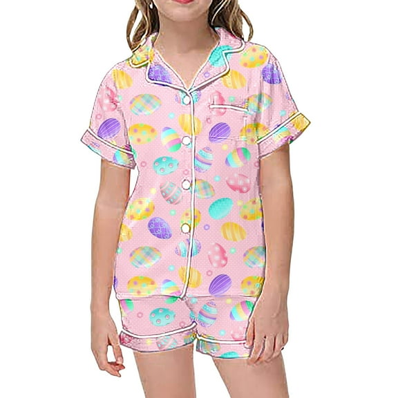 TOOYOU Girls Outfits Pajamas For Kids Children Graphic Print Short Sleeve Button Shirt Shorts Pajama Set Girls Party Sets Girls Lightweight Sets Size 8-9 Years , Purple
