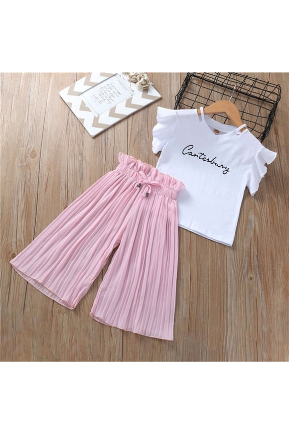 Girls Outfits Summer Flying Sleeves Tops+Ruffle Pants Kids Loose 2Pcs Set Elegant Children Clothing Set Pink Size 4-5 Years