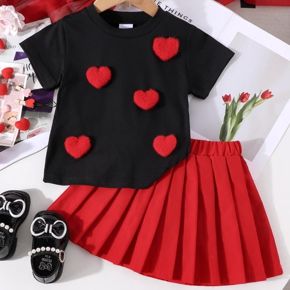 TOOYOU Girls Outfits Valentine'S Day Baby Comfortable And Cute Red Loe Black T Shirt   Red Pleated Skirt Set Elegant Children Clothing Set Black Size 2-3 Years