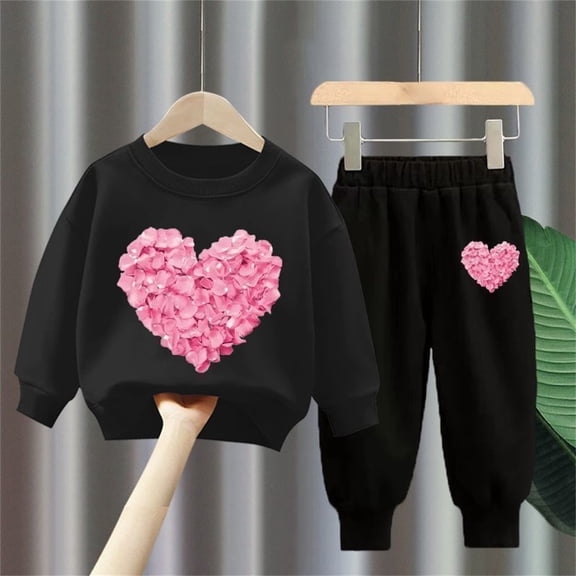 TOOYOU Girls Outfits Valentine'S Day Hoodie Pullover Set Heart Printed Sweatshirts Set Casual Cute Long Sleeve Crewneck Tops   Pants Sweatshirts Two Piece Set Size 12-24 Months