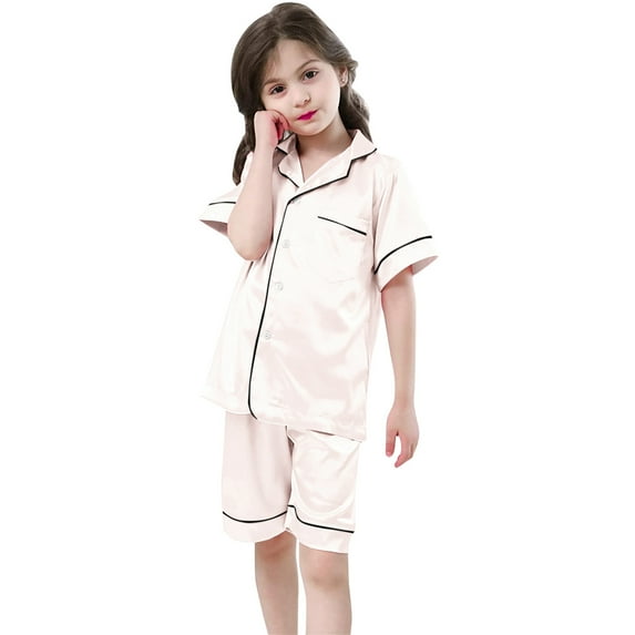 TOOYOU Girls Pajamas Little Baby Satin Silk Pjs Short Sleeves Sleepwear 2 Piece Button Down Classic Solid Color Home Clothing Toddler Loungewear Two-Piece Set Beige Size 10-11 Years