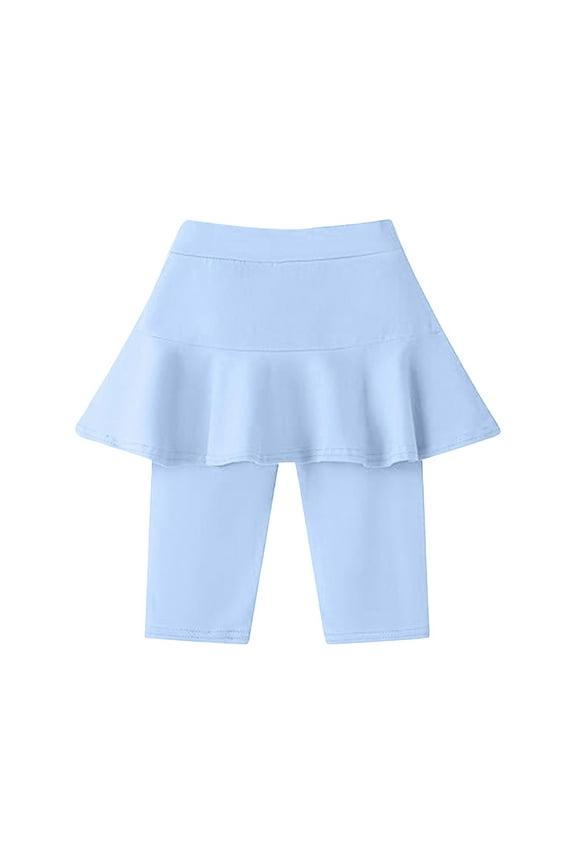 Girls Pants Knee Length Leggings With Skirt Kids Summer Ruffle Skirt Pants Stretchy Athletic Pants Versatile Casual Trousers For Sweet Girls Size 6-7 Years Blue