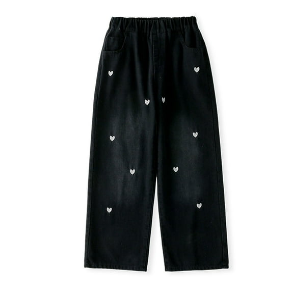 TOOYOU Girls Pants Wide Leg Jeans Heart Embroidery Denim Pants Vintage Loose Fit Baggy Casual Straight Leg Pants With Pockets Comfortable And Fashionable Trousers For Sweet Girls Size 5-6 Years Black