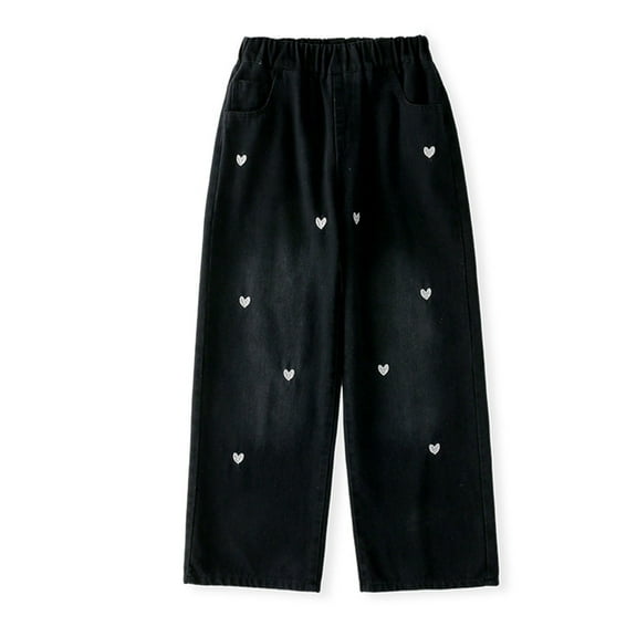 TOOYOU Girls Pants Wide Leg Jeans Heart Embroidery Denim Pants Vintage Loose Fit Baggy Casual Straight Leg Pants With Pockets Comfortable And Fashionable Trousers For Sweet Girls Size 5-6 Years Black