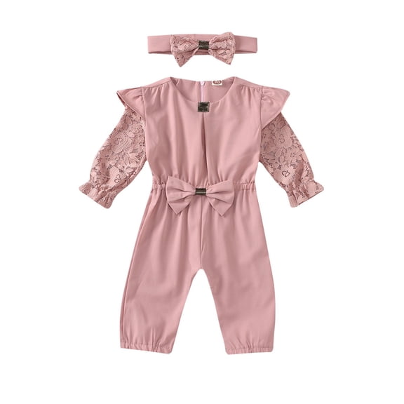 TOOYOU Girls Romper Baby Kids Lace Flare Sleeve Bow Jumpsuit  Headbands Sets Fashion Playsuit Bodysuits For Toddler ,Size 3-4 Years Pink