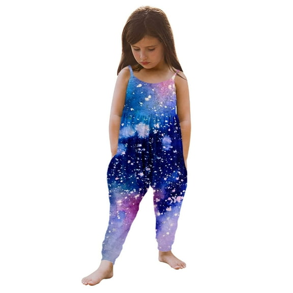 TOOYOU Girls Romper Fashion Starry Sky Printed Strap Jumpsuit With Pocket Leisure Playsuit Bodysuits For Toddler ,Size 4-5 Years Light Purple