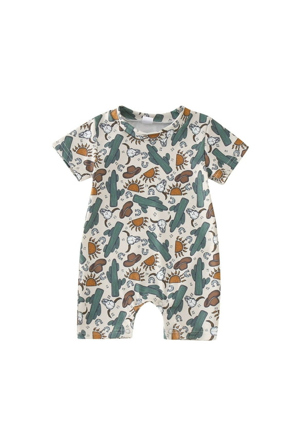 Girls Romper Boot Print Short Sleeve Cactus Sun Print Jumpsuits Outwear Holiday Pajama Playsuit Bodysuits For Toddler ,Size 3-6 Months Beige