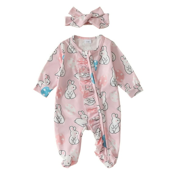 TOOYOU Girls Romper Easter Long Sleeve Cartoon Prints Jumpsuit Outwear Lightweight Playsuit Bodysuits For Toddler ,Size 0-3 Months Red