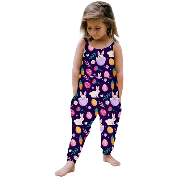 TOOYOU Girls Romper Kids Baby Jumpsuit Floral Cartoon Easter Bunny Strap Summer Outfits Clothes Leisure Playsuit Bodysuits For Toddler ,Size 5-6 Years Purple