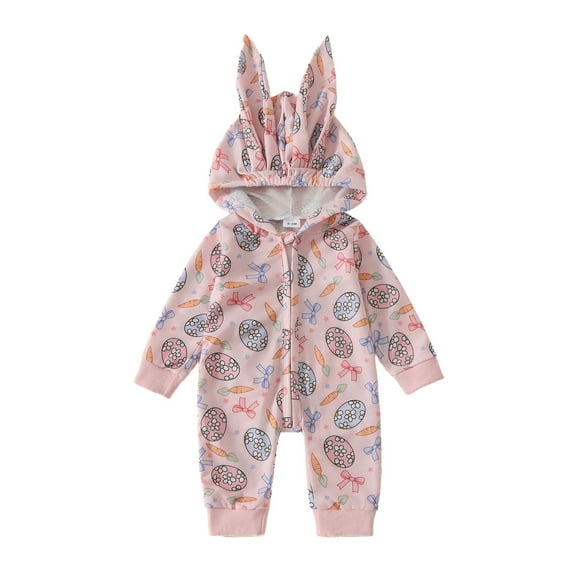 TOOYOU Girls Romper Easter Long Sleeve Cartoon Prints Hooded Jumpsuit Holiday Pajama Playsuit Bodysuits For Toddler ,Size 6-12 Months Light Pink
