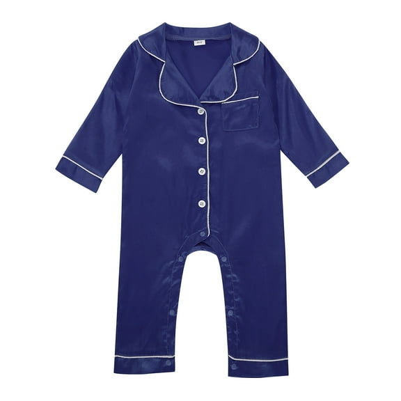 TOOYOU Girls Romper Baby Silk Pajamas Button Down Long Sleeve Satin Pj'S Jumpsuit Holiday Pajama Playsuit Bodysuits For Toddler ,Size 18-24 Months Blue