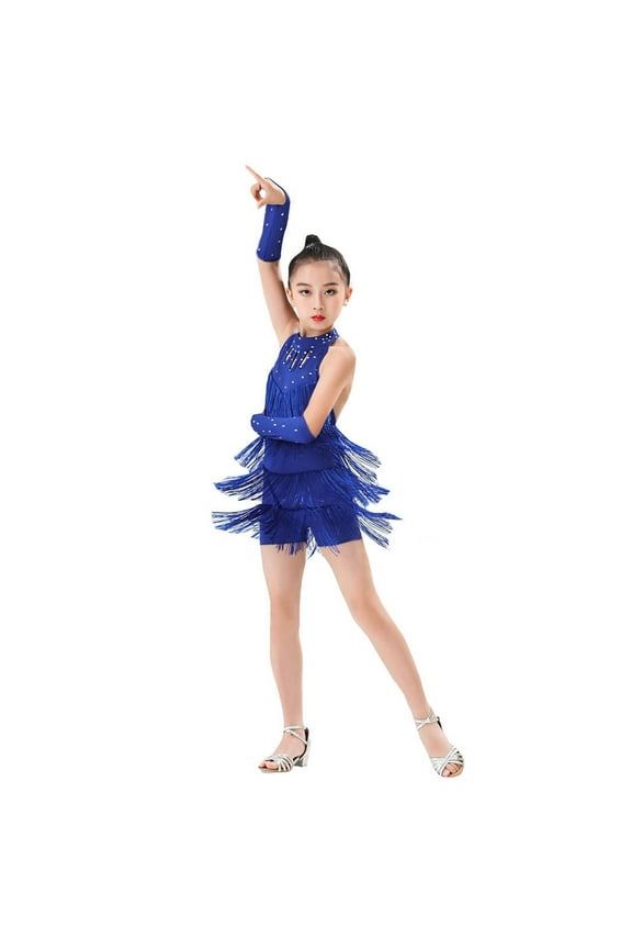 Girls Romper Performance Clothing Latin Dance Jumpsuit Training Fringe Skirt Competition Clothing Fashion Playsuit Bodysuits For Toddler ,Size 3-4 Years Blue