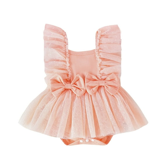 TOOYOU Girls Romper Summer Baby Tulle Dress Square Collar Net Flying Sleeve Bow Skirt Jumpsuit Girls Princess Dress Romper Lightweight Playsuit Bodysuits For Toddler ,Size 6-12 Months Pink