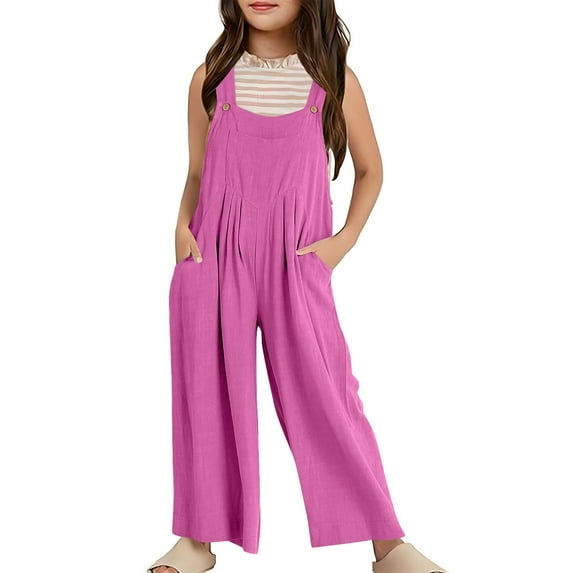 TOOYOU Girls Romper Summer Sleeveless Wide Leg Jumpsuit Casual Solid Color Loose Fit Overalls With Pockets Fashion Playsuit Bodysuits For Toddler ,Size 13-14 Years Hot Pink