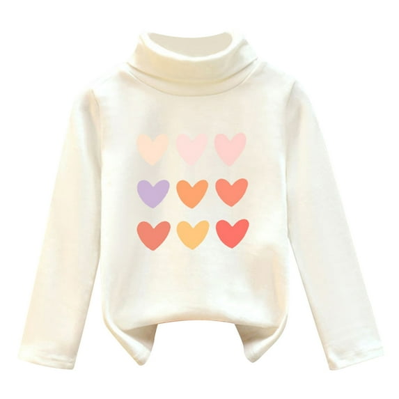 TOOYOU Girls Shirts High Collar And Velvet For Warmth Soft Tops Solid Color Heart Print Long Sleeved T-Shirt Size 9-10 Years