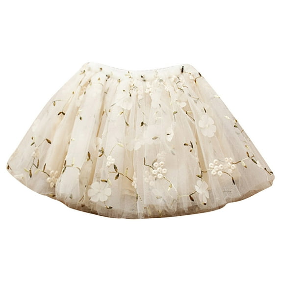 TOOYOU Girls Skirts Baby Soft Layered Party Mesh Tulle Tutu Skirts Ballet Dance Skirts Flower Embroidered Dance Princess Skirt Sweet Girl Summer Short Skirt Size 2-3 Years Beige