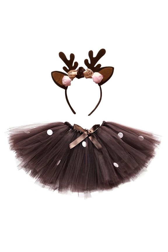 Girls Skirts Bowknot Polka Dot Tutu Skirt With Headbands 2Pcs Set Mesh Layered Party Skirt Cute Deer Dress Up Skirt Sweet Girl Versatile Short Skirt Size 7-8 Years Brown