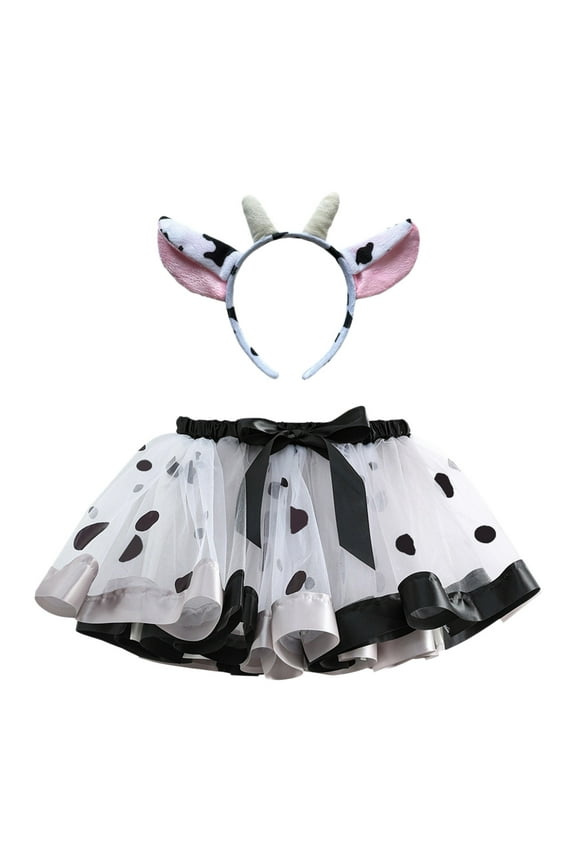 Girls Skirts Cow Polka Dot Printed Mesh Tutu Skirt Festival Party Dance Performance Skirt Ballet Skirt With Headband Sweet Girl Basic Short Skirt Size 6-8 Years White