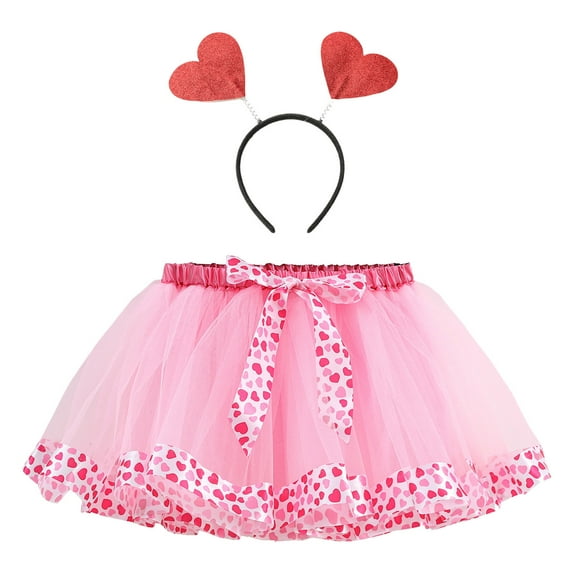 TOOYOU Girls Skirts Heart Layered Party Mesh Tulle Tutu Skirts Dance Performance Ballet Skirt+Headband Two Piece Set Sweet Girl Basic Short Skirt Size 6-8 Years White