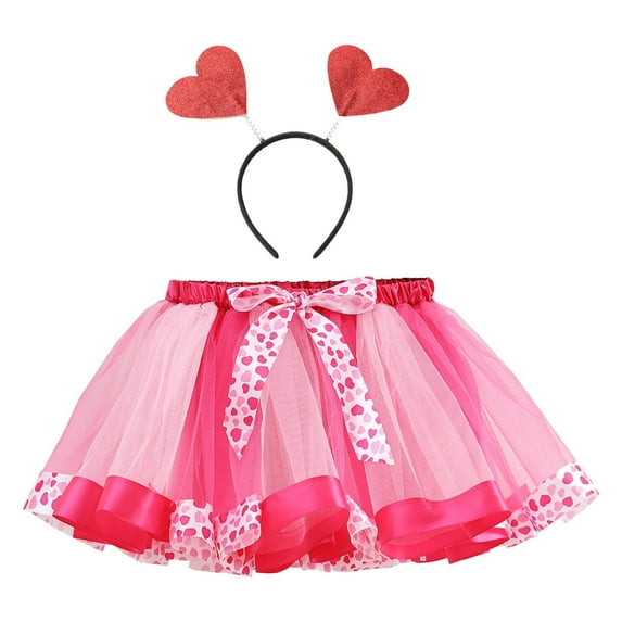 TOOYOU Girls Skirts Heart Layered Party Mesh Tulle Tutu Skirts Dance Performance Ballet Skirt+Headband Two Piece Set Sweet Girl Classic Short Skirt Size 2-4 Years Hot Pink