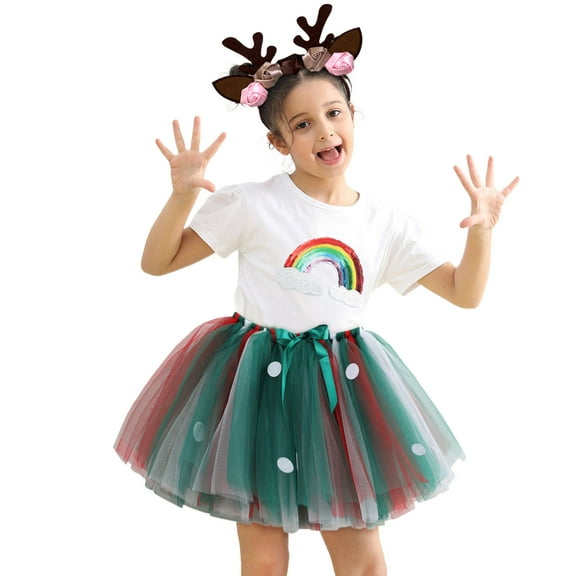 TOOYOU Girls Skirts Kids Layered Party Mesh Tulle Tutu Skirts Polka Dot Rainbow Color Matching Ballet Skirts Hairclip Set Sweet Girl Versatile Short Skirt Size 9-11 Years Dark Green