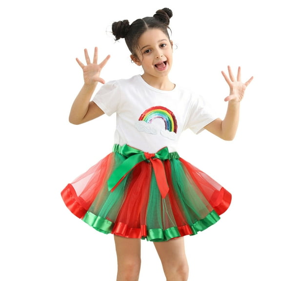 TOOYOU Girls Skirts Kids Rainbow Color Matching Party Skirts Patchwork Layered Ballet Mesh Tulle Tutu Skirts Sweet Girl Basic Short Skirt Size 9-11 Years Red