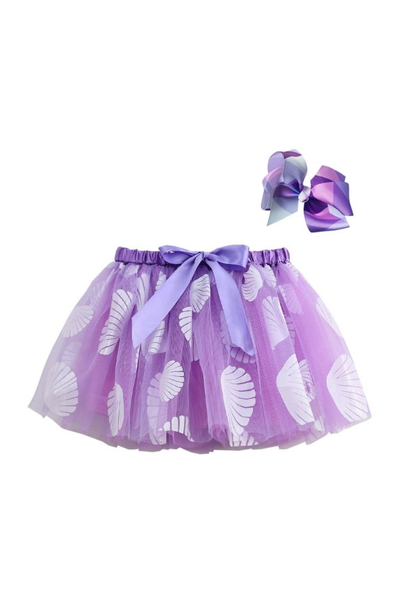 Girls Skirts Kids Snowflake Shell Print Layered Party Mesh Tulle Tutu Skirts Cartoon Ballet Skirts Hairclip Set Sweet Girl Basic Short Skirt Size 5-8 Years Purple