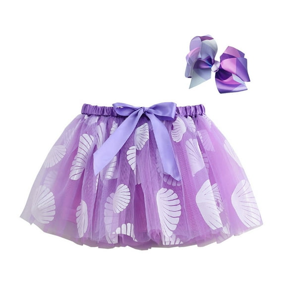 TOOYOU Girls Skirts Kids Snowflake Shell Print Layered Party Mesh Tulle Tutu Skirts Cartoon Ballet Skirts Hairclip Set Sweet Girl Classic Short Skirt Size 9-11 Years