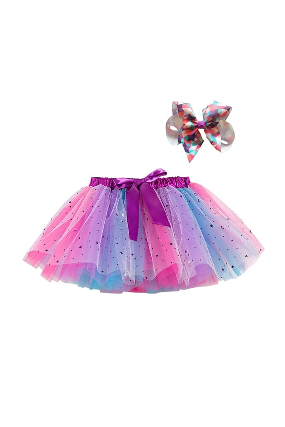 Girls Skirts Rainbow Sequin Layered Sparkle Party Tulle Mesh Tutu Skirts +Bow Hair Clip Two-Piece Set Sweet Girl Basic Short Skirt Size 2-4 Years Purple