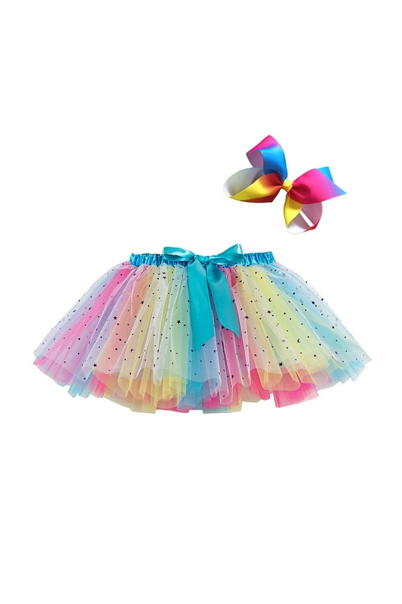 Girls Skirts Rainbow Sequin Layered Sparkle Party Tulle Mesh Tutu Skirts +Bow Hair Clip Two-Piece Set Sweet Girl Classic Short Skirt Size 2-4 Years Blue