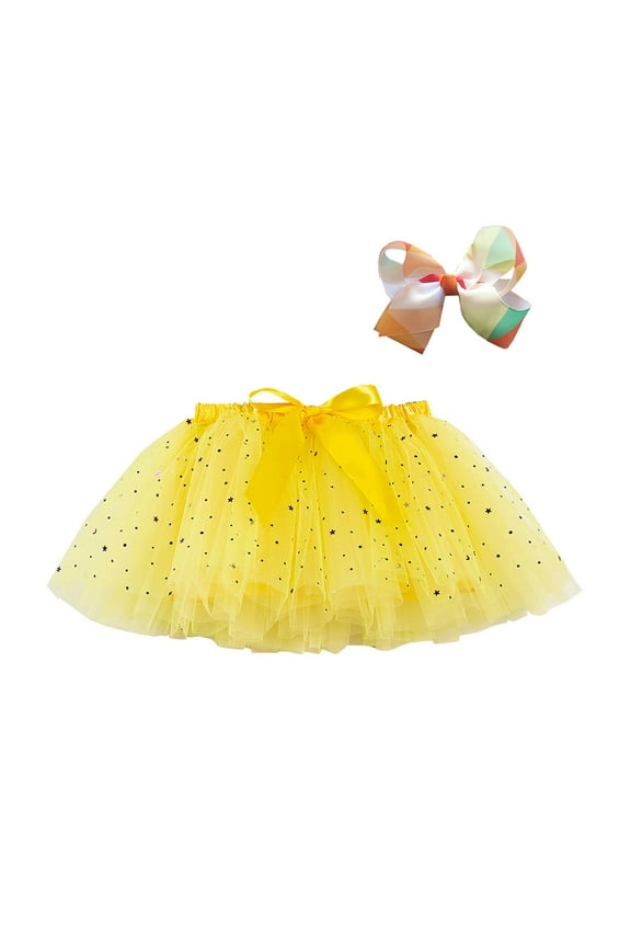 Girls Skirts Rainbow Sequin Layered Sparkle Party Tulle Mesh Tutu Skirts +Bow Hair Clip Two-Piece Set Sweet Girl Summer Short Skirt Size 2-4 Years Yellow