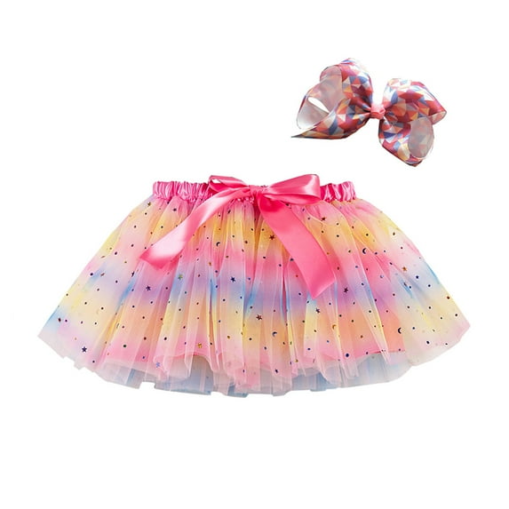 TOOYOU Girls Skirts Rainbow Star Sequin Layered Sparkle Party Mesh Tulle Tutu Skirts +Bow Hair Clip Two-Piece Set Sweet Girl Versatile Short Skirt Size 5-8 Years Pink