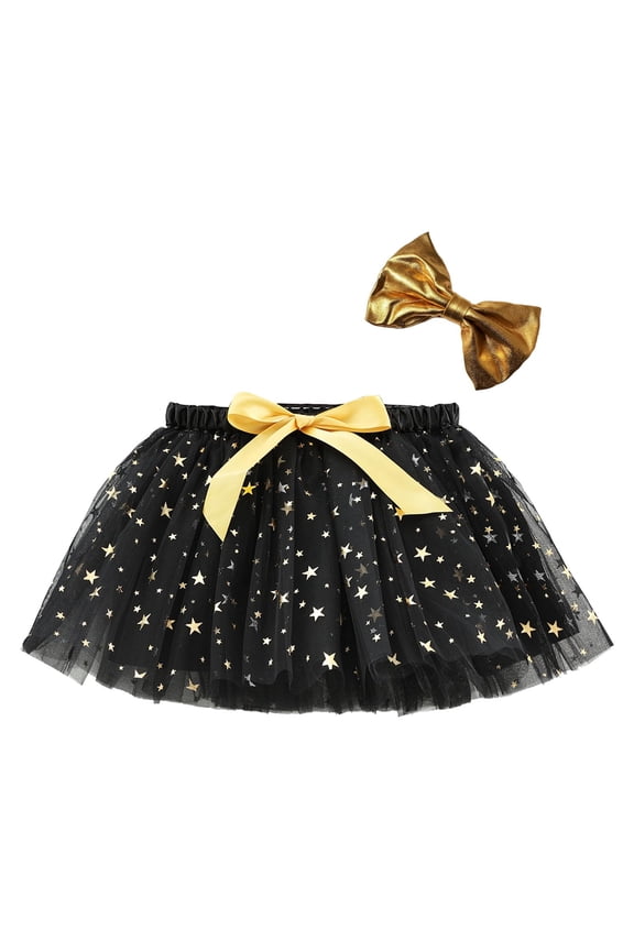 Girls Skirts Sequin Layered Party Mesh Tulle Tutu Skirts Dance Performance Ballet Skirt+Hairpin Two Piece Set Sweet Girl Classic Short Skirt Size 5-8 Years Black