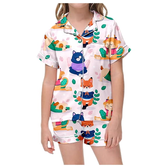 TOOYOU Girls Sleepwear 2 Pack Pajamas Children Cute Printed Pjs Short Sleeve Button Up Top Shorts Homewear Pjs Set Sweet Girl Classic Basic Pajama Size 8-9 Years Light Pink
