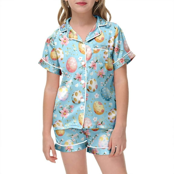 TOOYOU Girls Sleepwear 2 Pack Pajamas Children Easter Pjs Set Casual Comfortable And Stylish Short Sleeved Loungewear Set Sweet Girl Relaxing Casual Pyjamas Size 2-3 Years Sky Blue
