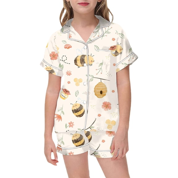 TOOYOU Girls Sleepwear 2 Pack Pajamas Children'S Fashion Festival Printed Button Down Lapel Short Sleeved Top Shorts Pjs Set Sweet Girl Lightweight Pyjamas Size 10-11 Years Light Yellow