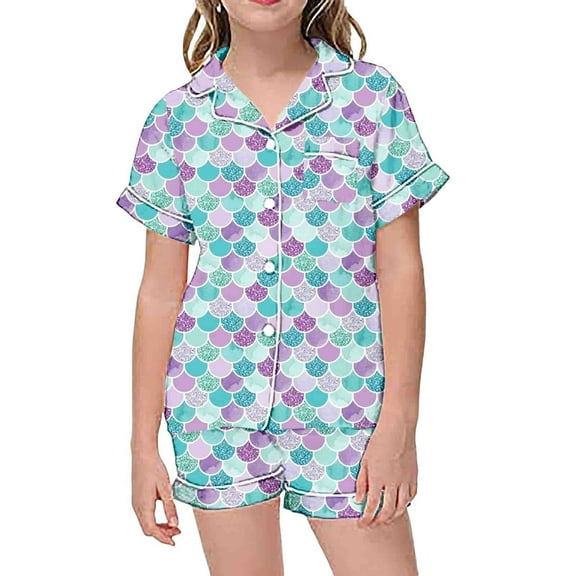 TOOYOU Girls Sleepwear 2 Pack Pajamas Children'S Fashion Printed Button Down Lapel Short Sleeved Top Shorts Pjs Set Sweet Girl Relaxed Pyjamas Size 12-13 Years Sky Blue