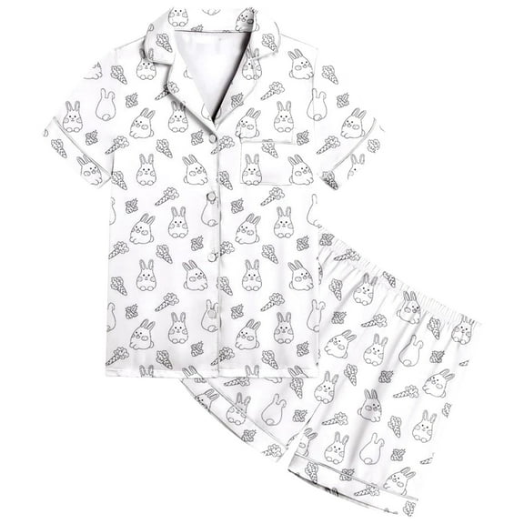 TOOYOU Girls Sleepwear 2 Pack Pajamas Diy Printed Lapel Buttons Short Sleeve Top   Shorts Pjs Set Comfortable Breathable Homewear Sweet Girl Relaxed Pyjamas Size 6-7 Years White