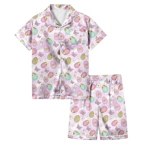 TOOYOU Girls Sleepwear 2 Pack Pajamas Easter Egg Painted Loungewear Set Silk Short Sleeved Shorts Pjs Set Can Play And Wear It Daily Girl Lightweight Pyjamas Size 12-13 Years Light Pink